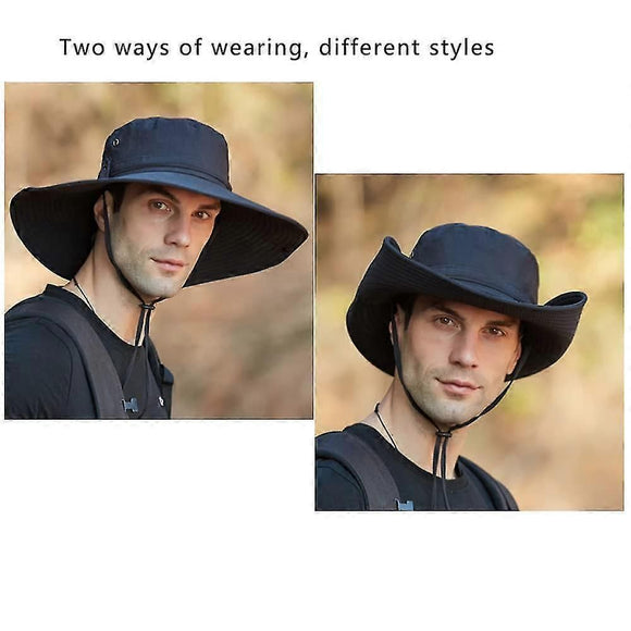 12cm Wide Brim UV Protection Safari Hat, Waterproof Foldable Bucket Hat for Hiking Fishing - Blue