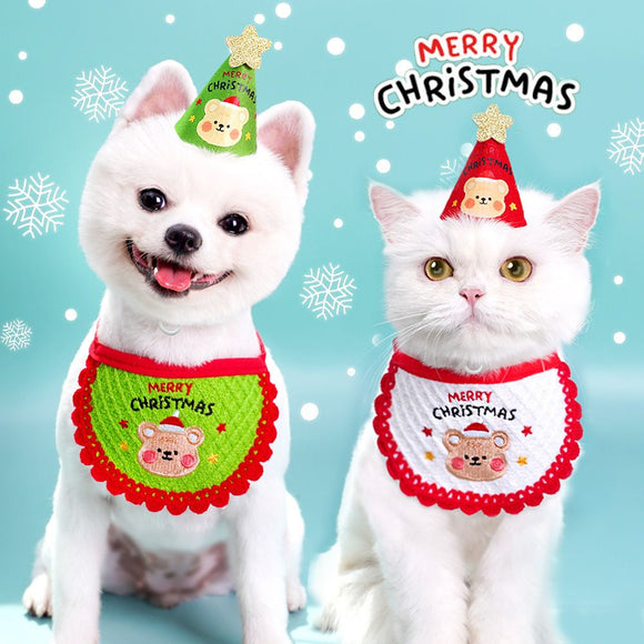 Noon Christmas Pet Hat Scarf Set Cartoon Bear Red Green A07G Green Bear Christmas Set One Size