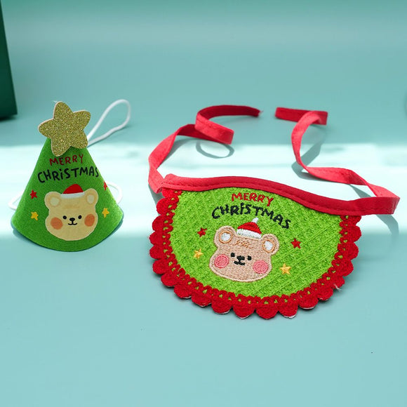 Noon Christmas Pet Hat Scarf Set Cartoon Bear Red Green A07G Green Bear Christmas Set One Size