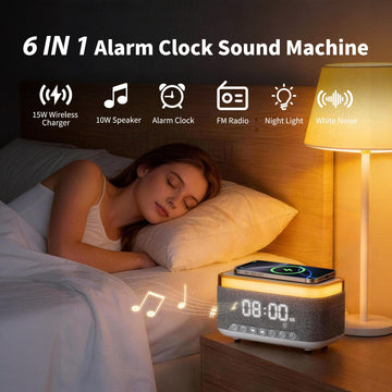 15W Fast Wireless Charging Alarm Clock with Bluetooth Speaker, White Noise Mochine & RGB Night Light, 6-in-1 Digital Bedside Alarm Clock Radio for Bedroom, Grey - 0