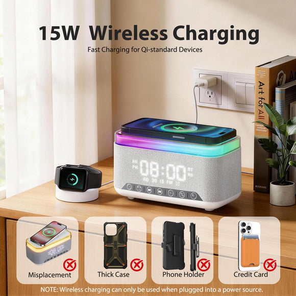 15W Fast Wireless Charging Alarm Clock with Bluetooth Speaker, White Noise Mochine & RGB Night Light, 6-in-1 Digital Bedside Alarm Clock Radio for Bedroom, Grey