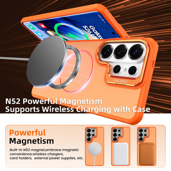 Samsung Galaxy S26 Ultra Case with Lens Kickstand, Support Wireless Charging, Military-Grade Shockproof Protection Slim Magnetic Case, Orange