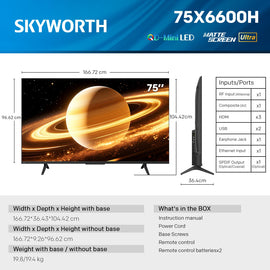 SKYWORTH 75X6600H QD-Mini LED 4K Smart TV, Matte Anti-Glare Display, 120Hz Turbo Mode, AI 4K Upscaling, AI Color Enhancement，Google TV, Dolby Atmos+Dolby Vision, 30W Speakers，HDMI2.1 - 0