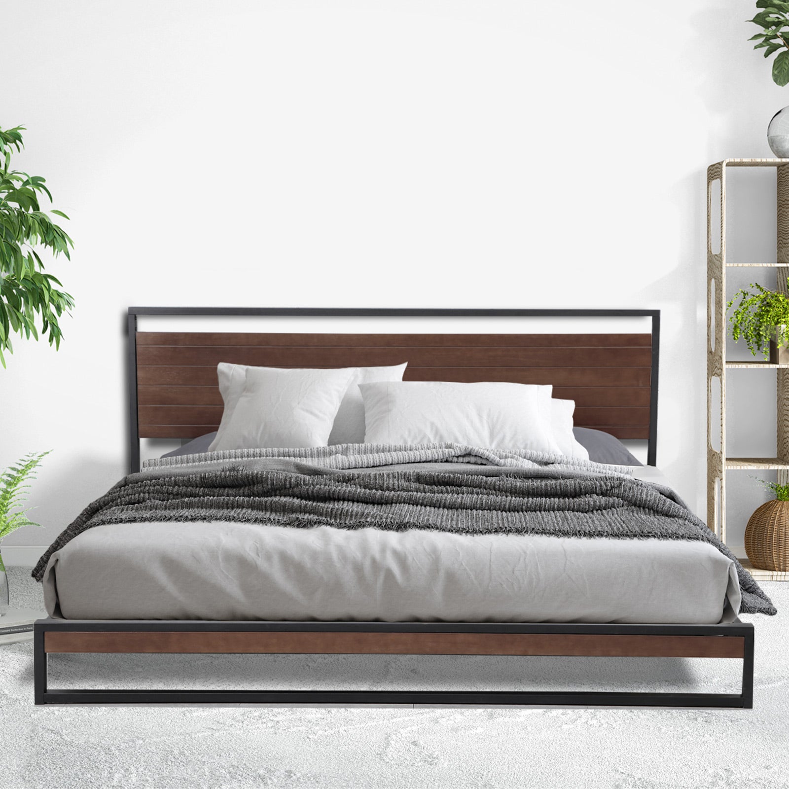 Milano Decor Azure Bed Frame With Headboard Black Wood Steel Platform Bed - Single - Black - 0