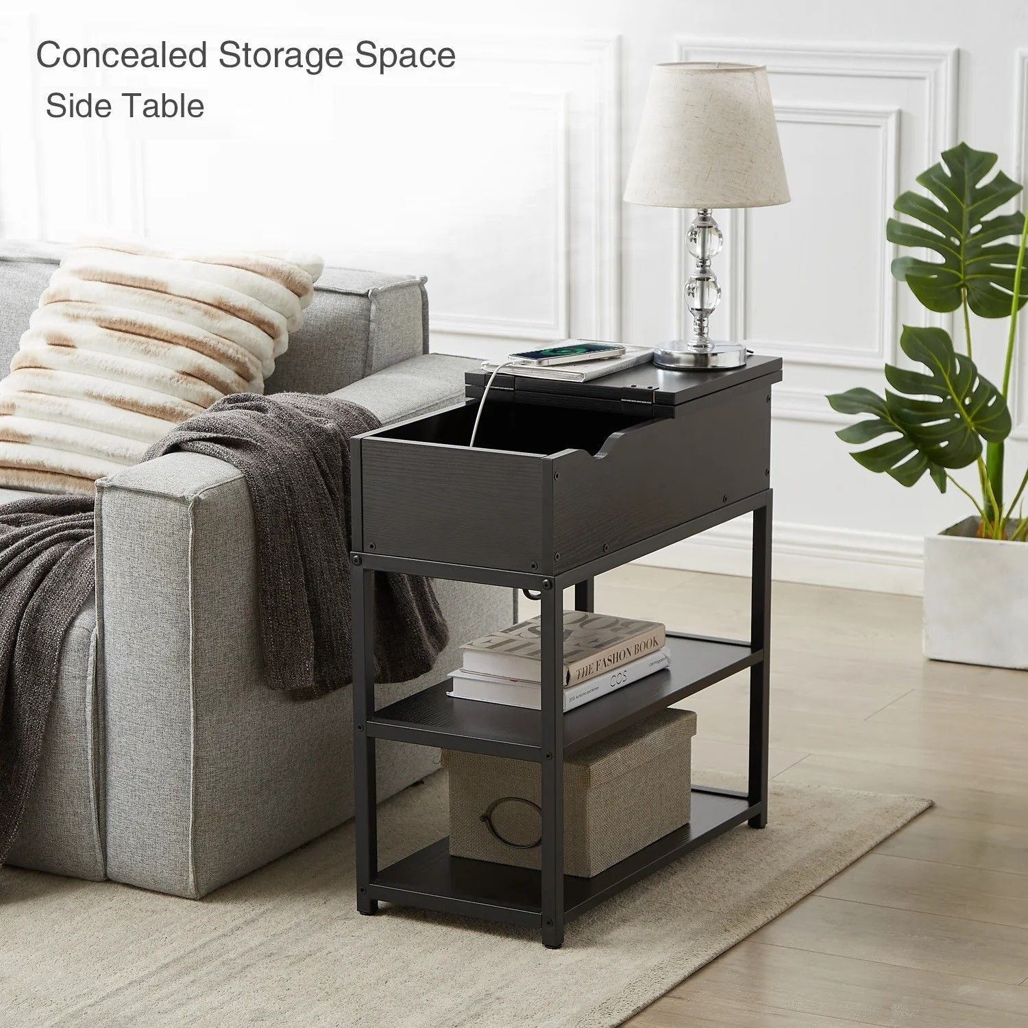 Compact 3-Tier Sofa Side Table with Powerboard, Black - 0