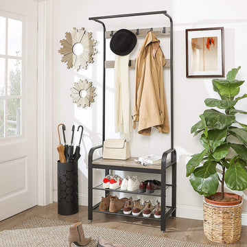 Greige and Black Steel Freestanding Coat Rack Stand with Removable Hooks, Bench and Shoe Rack, Height 183 cm - 0