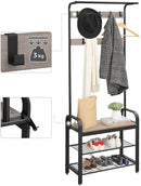 Greige and Black Steel Freestanding Coat Rack Stand with Removable Hooks, Bench and Shoe Rack, Height 183 cm-4