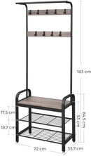 Greige and Black Steel Freestanding Coat Rack Stand with Removable Hooks, Bench and Shoe Rack, Height 183 cm-5