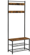 Rustic Brown Coat Rack Stand with Hallway Shoe Rack and Bench with Shelves Matte Metal Frame Height 175 cm-1