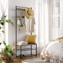 Rustic Brown Coat Rack Stand with Hallway Shoe Rack and Bench with Shelves Matte Metal Frame Height 175 cm-3