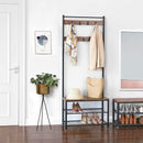 Rustic Brown Coat Rack Stand with Hallway Shoe Rack and Bench with Shelves Matte Metal Frame Height 175 cm-4