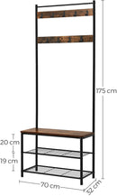 Rustic Brown Coat Rack Stand with Hallway Shoe Rack and Bench with Shelves Matte Metal Frame Height 175 cm-6