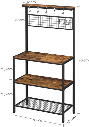 Industrial Kitchen Baker's Rack with Storage Shelves 10 Hooks and Metal Mesh Shelf 84 x 40 x 170 cm Rustic Brown - 0