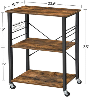 Kitchen Baker's Rack,  3-Tier Serving Cart with Metal Frame and 6 Hooks, Rustic Brown - 0