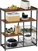 Baker's Rack with 2 Metal Mesh Baskets, Shelves and Hooks, 80 x 35 x 95 cm, Industrial Style, Rustic Brown-7