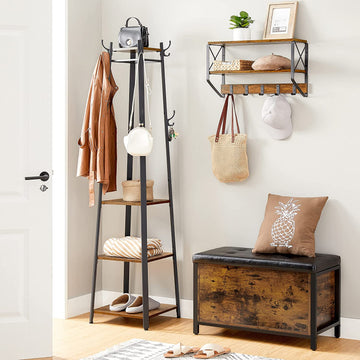 Coat Rack with 3 Shelves with Hooks Rustic Brown and Black - 0