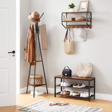 Black Coat Rack Stand Industrial Style 2 Shelves Clothes - 0