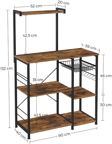 Kithcen Baker's Rack with Shelves Microwave Stand with Wire Basket and 6 S-Hooks Rustic Brown - 0