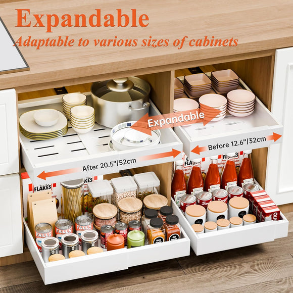 CARLA HOME Pack Pull Out Cabinet Organizer Expandable for Cabinets with Adjustable Slide Out Shelves and Easy Installation (White)