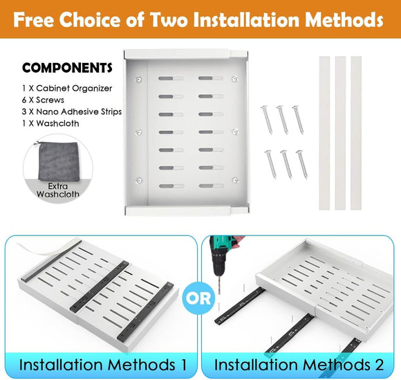 CARLA HOME 2 Pack Pull Out Cabinet Organizer Expandable for Cabinets with Adjustable Slide Out Shelves and Easy Installation (White)