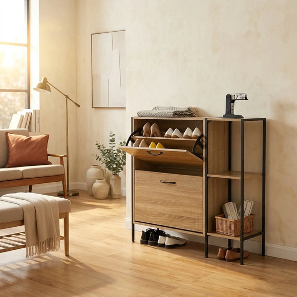 CARLA HOME 2 Flip Shoe Cabinet with Side Shelf - 88 cm Oak - Brown - Shoe Cabinet With Shelf