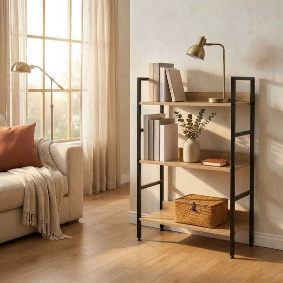 CARLA HOME 3 Tier Bookshelf - Wood Metal Display Shelf - Brown - Rustic - Steel - Living Room Office