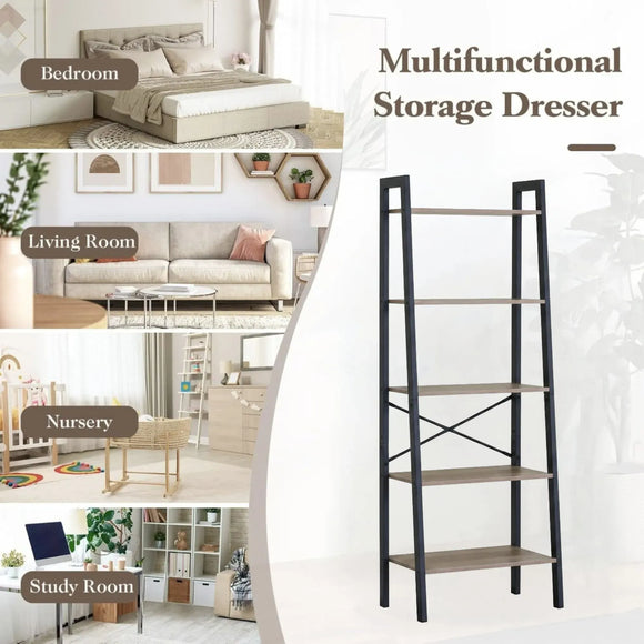 CARLA HOME 5 Tier Ladder Shelf - Wood Metal Display Bookcase - Brown - Rustic - Steel