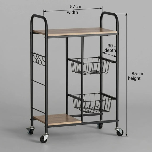 CARLA HOME Kitchen Trolley Cart with Wire Baskets - Brown - Rustic - Steel - Kitchen Rolling Cart