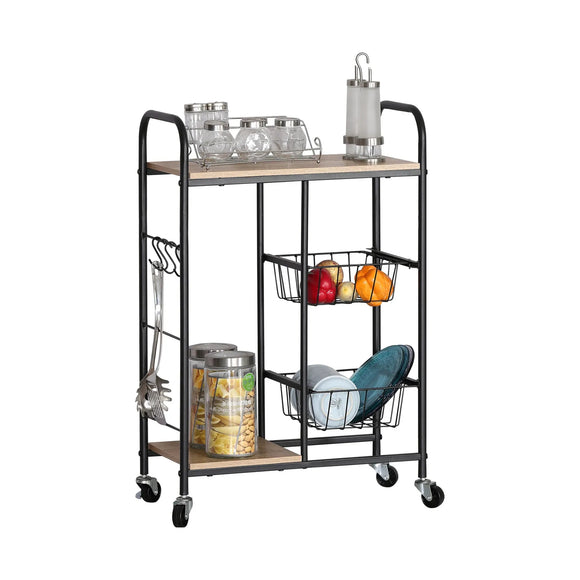 CARLA HOME Kitchen Trolley Cart with Wire Baskets - Brown - Rustic - Steel - Kitchen Rolling Cart