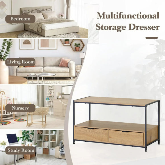 CARLA HOME Coffee Table with 2 Drawers - Open Shelf - Brown - Rustic - Steel - Living Room Bedroom