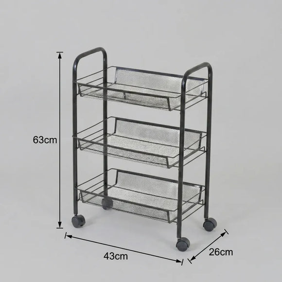 CARLA HOME 3 Tier Rolling Kitchen Trolley Cart - Metal Mesh - Black - Basic - Steel