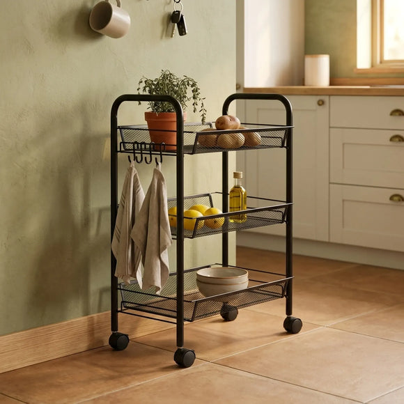 CARLA HOME 3 Tier Rolling Kitchen Trolley Cart - Metal Mesh - Black - Basic - Steel