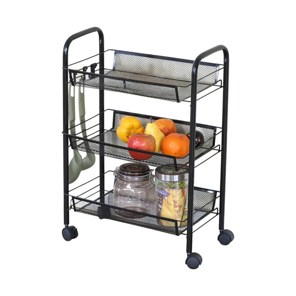 CARLA HOME 3 Tier Rolling Kitchen Trolley Cart - Metal Mesh - Black - Basic - Steel