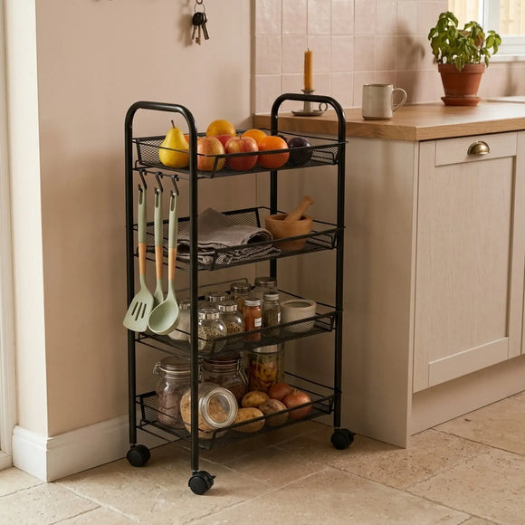 CARLA HOME 4 Tier Rolling Kitchen Trolley Cart - Metal Mesh - Black - Basic - Steel