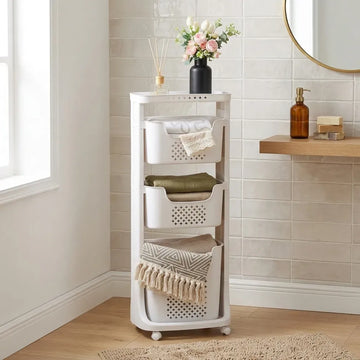 CARLA HOME 3 Tier Rolling Laundry Basket - White with Wheels - Basic - Plastic - 3 - tier Rolling Laundry - 0