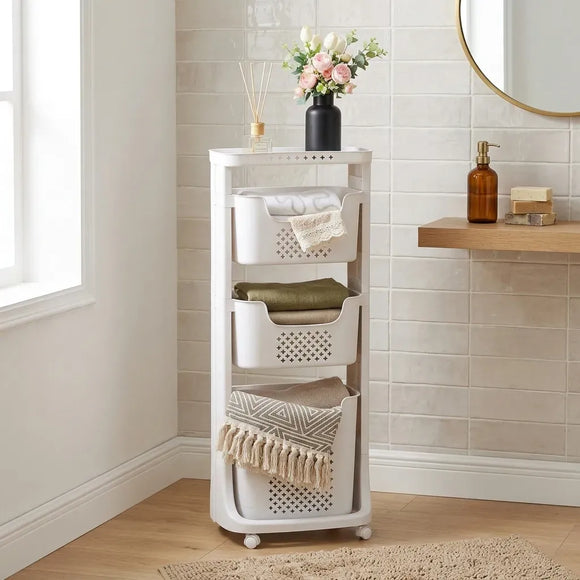 CARLA HOME 3 Tier Rolling Laundry Basket - White with Wheels - Basic - Plastic - 3 - tier Rolling Laundry