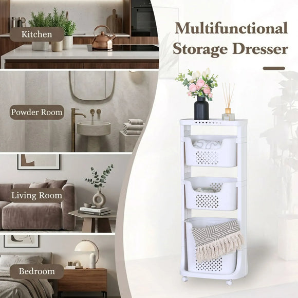 CARLA HOME 3 Tier Rolling Laundry Basket - White with Wheels - Basic - Plastic - 3 - tier Rolling Laundry