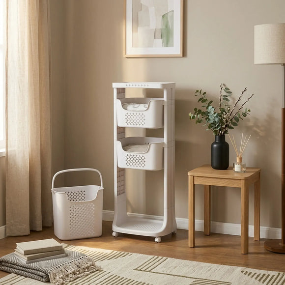 CARLA HOME 3 Tier Rolling Laundry Basket - White with Wheels - Basic - Plastic - 3 - tier Rolling Laundry