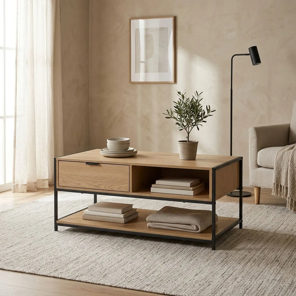 CARLA HOME Coffee Table with Drawer - Wood and Metal Frame - Brown - Rustic - Steel