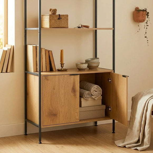 CARLA HOME Bookcase with Cabinet - 3 - Tier Display Shelf - Brown - Storage Cabinet