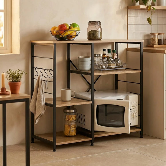 CARLA HOME Kitchen Baker's Rack 4 Tier - Metal Shelf with Hooks - Brown - Kitchen Rack
