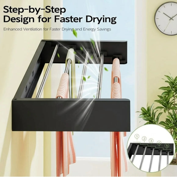 CARLA HOME Wall Mounted Clothes Drying Rack - Foldable - Balcony Folding Clothes - Black