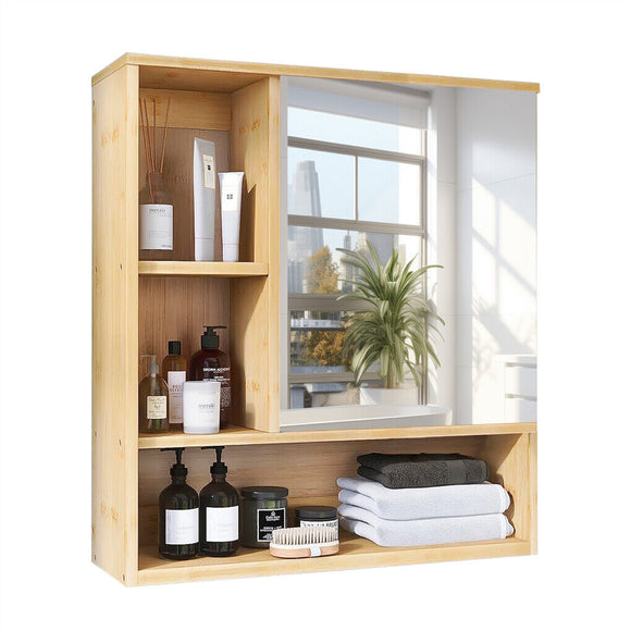 Bamboo Wall Medicine Cabinet Mirror 55.5cm 5 Shelf
