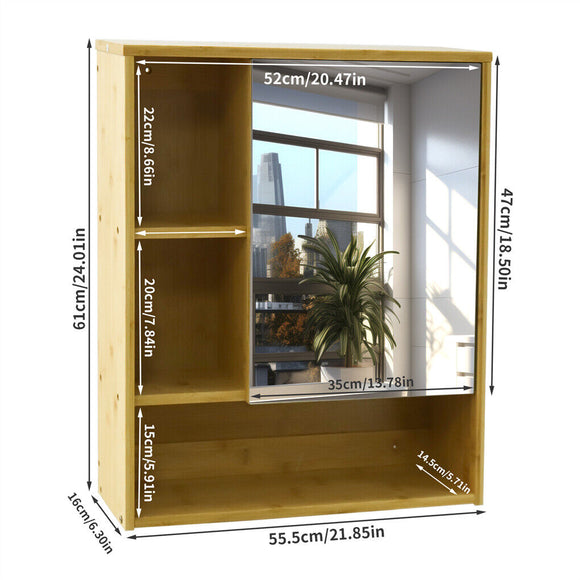 Bamboo Wall Medicine Cabinet Mirror 55.5cm 5 Shelf