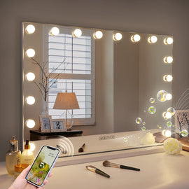 White Bluetooth Hollywood Mirror Rectangle Vanity Wall Light - 0