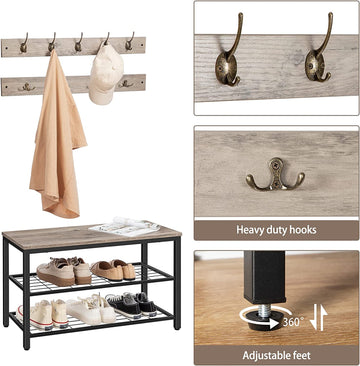 Industrial Design Entryway Shoe Rack with Coat Hooks Organizer (Grey) - 0