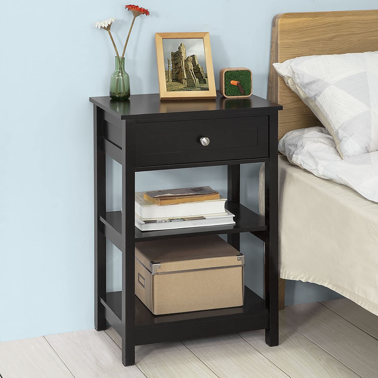 Black Bedside Table with 1 Drawer and 2 Shelves - 0