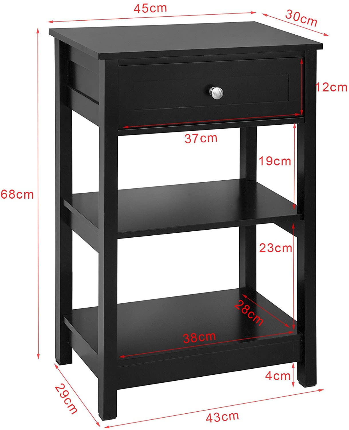 Black Bedside Table with 1 Drawer and 2 Shelves