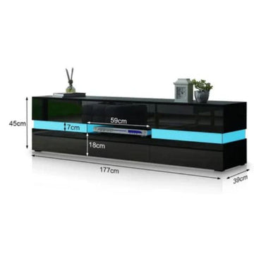 Modern High Gloss Front TV Entertainment Unit 177cm LED Storage Drawer - Black - 0
