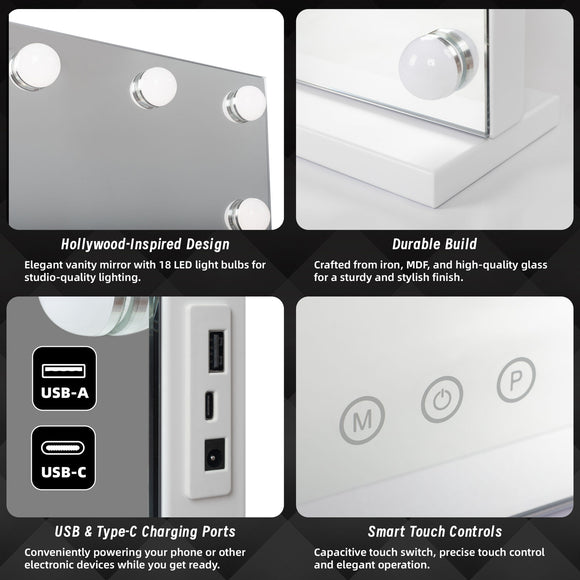 Beauty Mirror with 18 LED Bulbs, Colour Settings, White Frame,  and USB A and C Ports